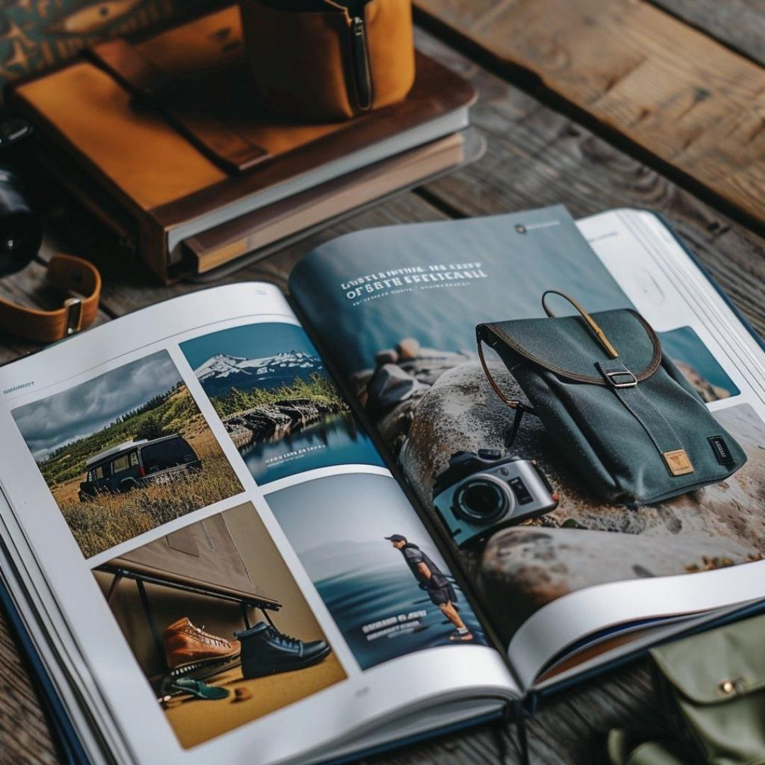 Create a design a high-end outdoor catalog layout that exudes sophistication and elegance, fitting products such as waterproof bags, sports gear, and leisure items. Use a modern and clean design aesthetic, incorporating a color palette that resonates with the outdoors--blues, greens, and earthy tones. Ensure a balance of whitespace and vibrant visuals to maintain a luxurious feel. Implement a consistent and visually appealing typography throughout the catalog for a polished look. Include lifestyle images showcasing the products in various outdoor settings, emphasizing the quality and functionality. Pay attention to details such as image placement, alignment, and overall composition to create a visually stunning catalog that elevates the perception of the outdoor products featured.