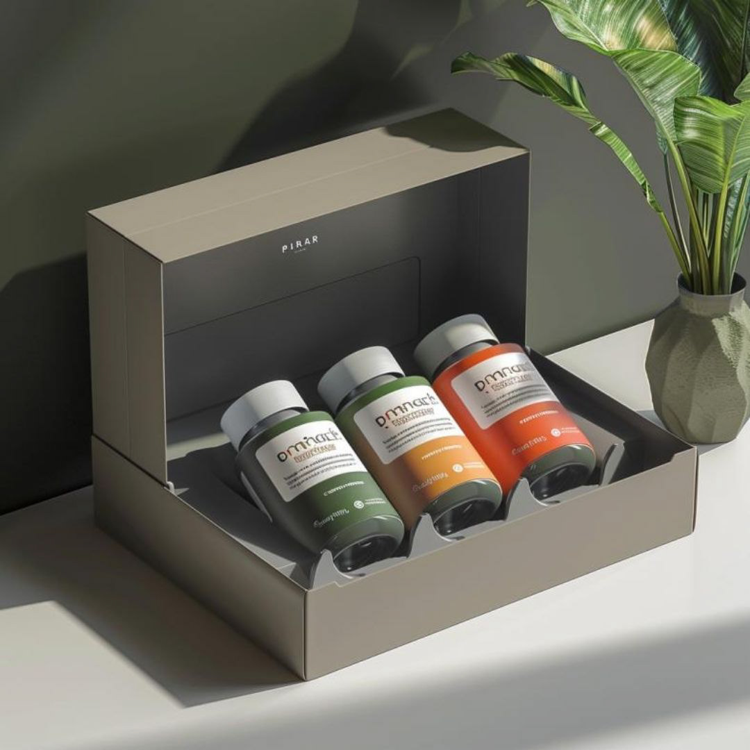 Create design a sleek, medium-sized box that embodies the essence of the Pınar Protein brand, capable of holding five product bottles. The box should have a modern and minimalist aesthetic, with a focus on sustainability and user convenience. Incorporate elements that reflect the brand's health and vitality ethos, such as vibrant colors, clean lines, and interactive features that engage the consumer. Use a high-quality render to showcase the box's texture and material, emphasizing eco-friendly and recyclable components. The final design should present the box in a lifestyle setting that aligns with the brand's target demographic, highlighting its practicality and appeal.