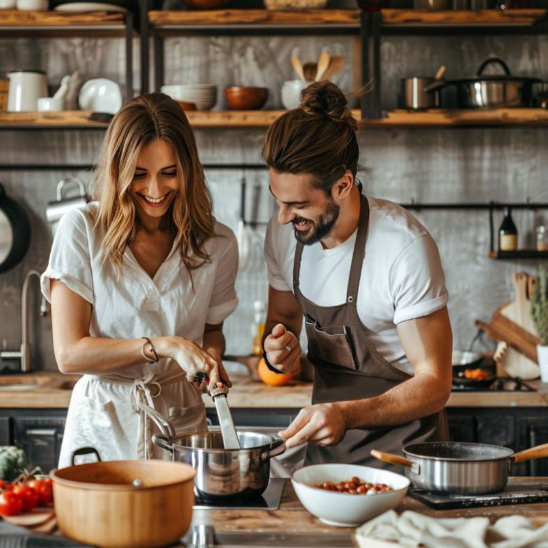 Create a realistic image of happy couple cooking in minimalist kitchen with used pots and dishes piled up wide shot.