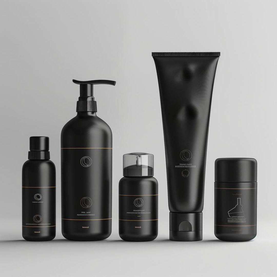 Create a realistic branding for a hair product company, black bottles.