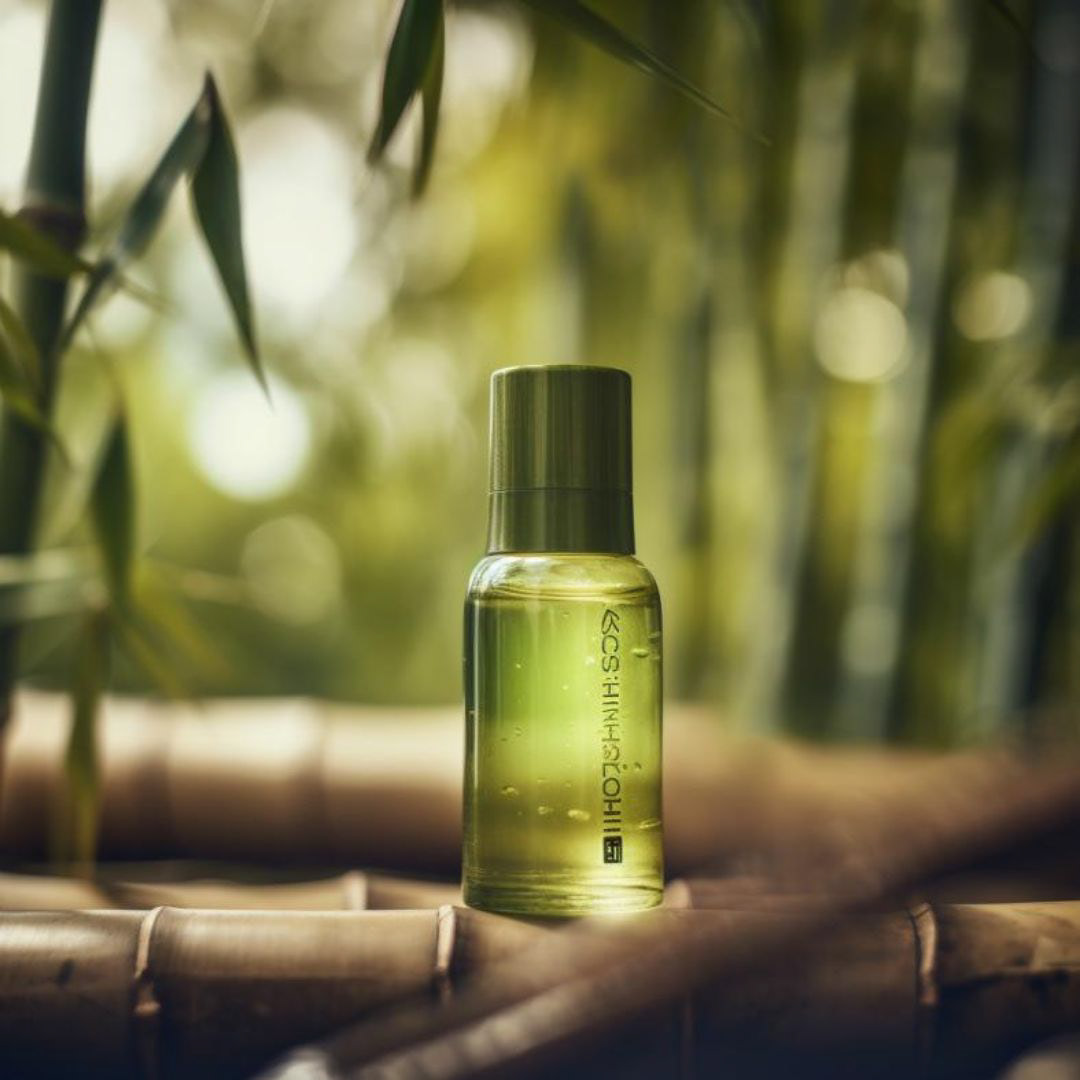 Create an Eye-level product film photography of an natural hair product bottle, bamboo trees background, focus, depth of field, shot on 120mm, shot on Hasselblad, Cross Processing Color grading.