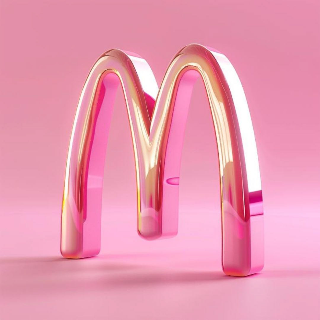 Create a pink logo for McDonald's M logo, Floating in the pink air, digital art, hologram, textured ABS material, in studio, all pink clean background,C4D, 3d render.