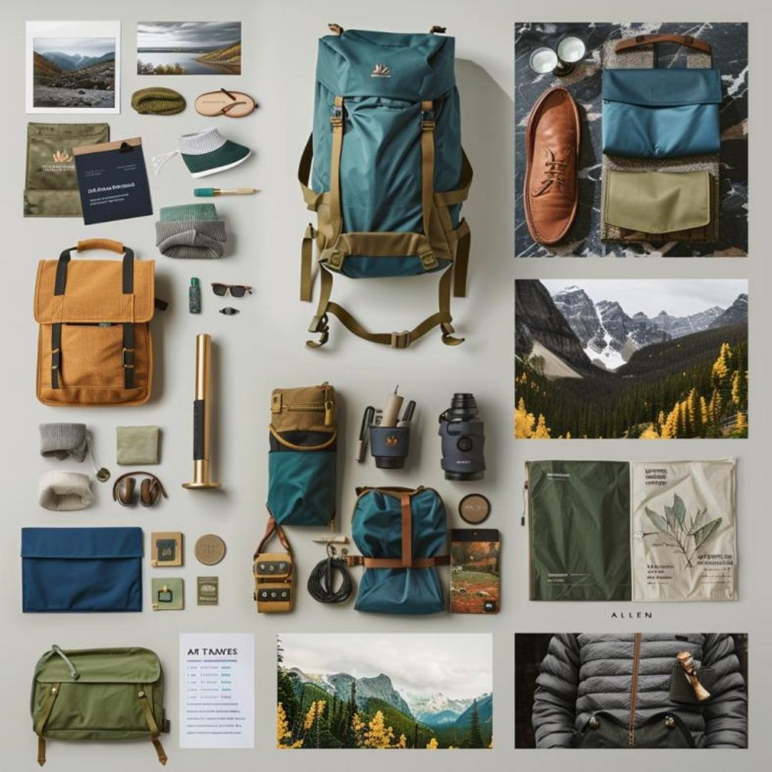 Create a design a high-end outdoor catalog layout that exudes sophistication and elegance, fitting products such as waterproof bags, sports gear, and leisure items. Use a modern and clean design aesthetic, incorporating a color palette that resonates with the outdoors--blues, greens, and earthy tones. Ensure a balance of whitespace and vibrant visuals to maintain a luxurious feel. Implement a consistent and visually appealing typography throughout the catalog for a polished look. Include lifestyle images showcasing the products in various outdoor settings, emphasizing the quality and functionality. Pay attention to details such as image placement, alignment, and overall composition to create a visually stunning catalog that elevates the perception of the outdoor products featured.