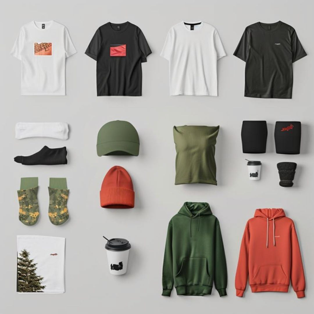 Create a collage of items included branded t shirts, hoodies, hats, beanies, tank tops, coffee mugs, socks and tote bags, photorealistic, modern, minimal.