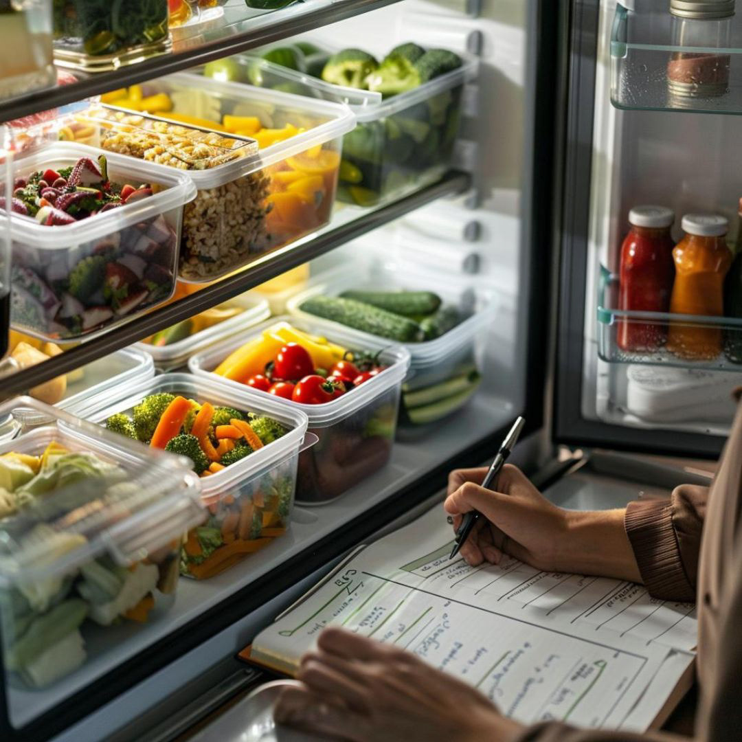 Create an open fridge stocked with fresh vegetables meal prep containers; person writing a meal plan.