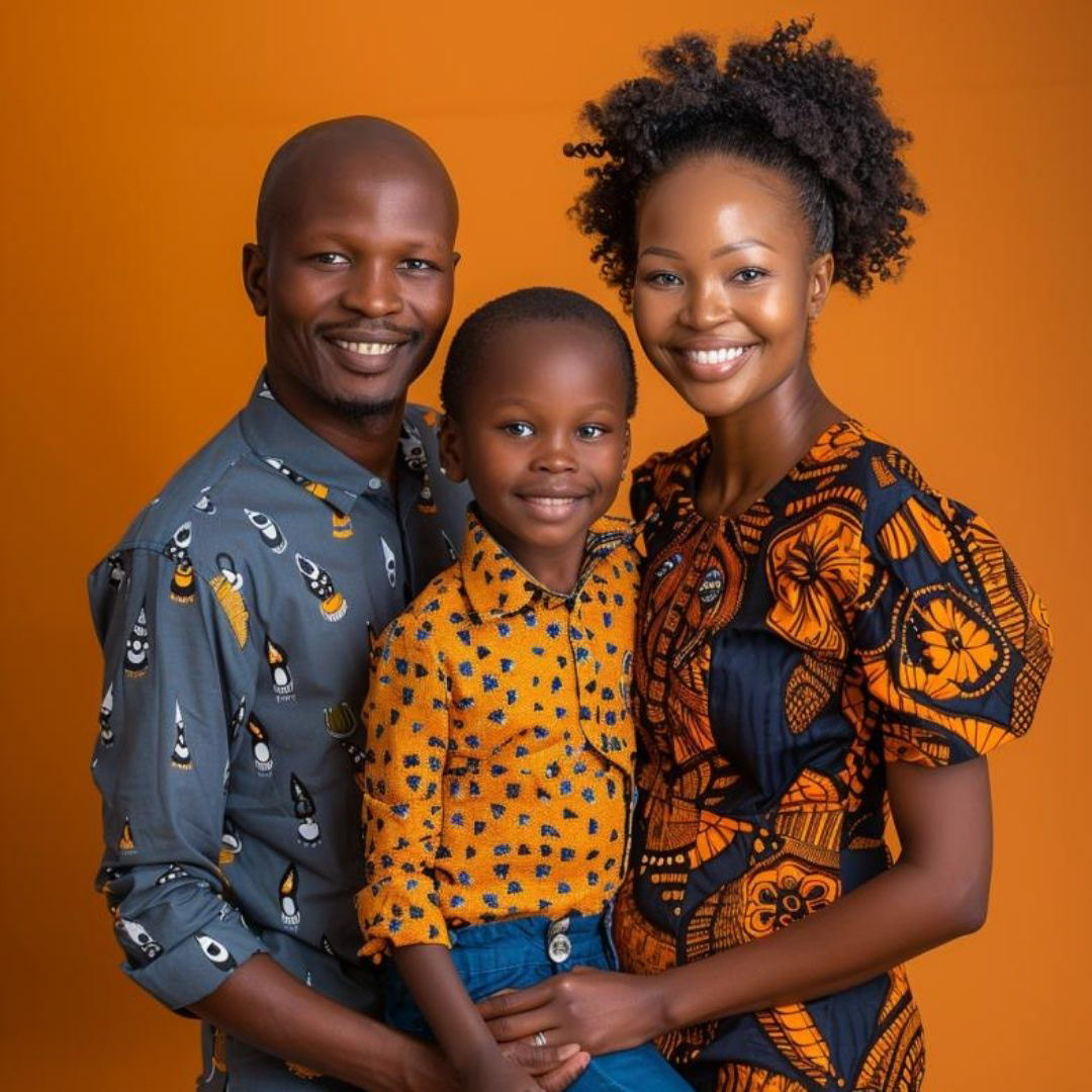 Create a family portrait, young parents with a 10-year-old child, African, smiling, real people, fashionable and charismatic, clean background, high quality, exquisite.