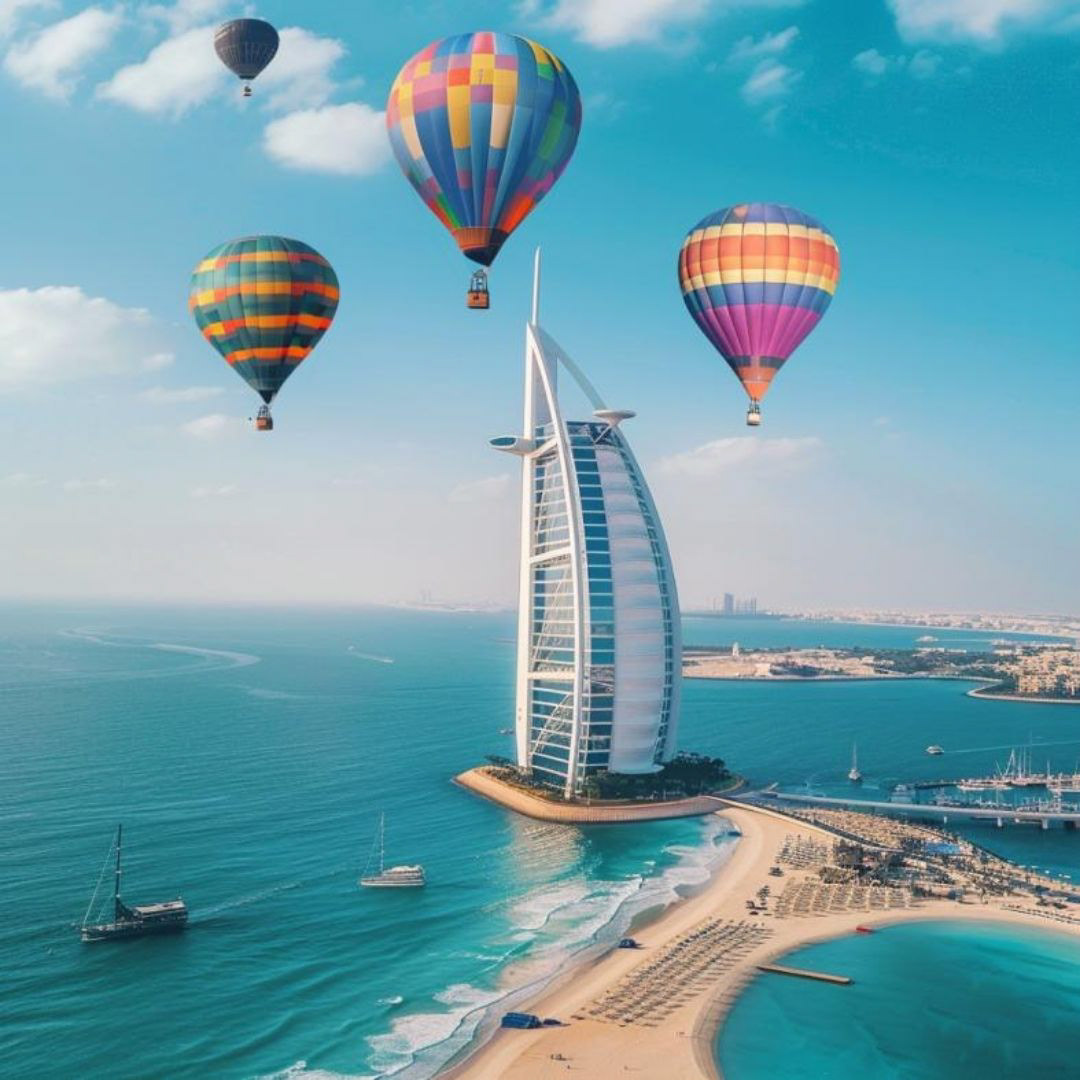 Create a burj al arab hotel, have three colorful hot air balloons around it, sunny day.