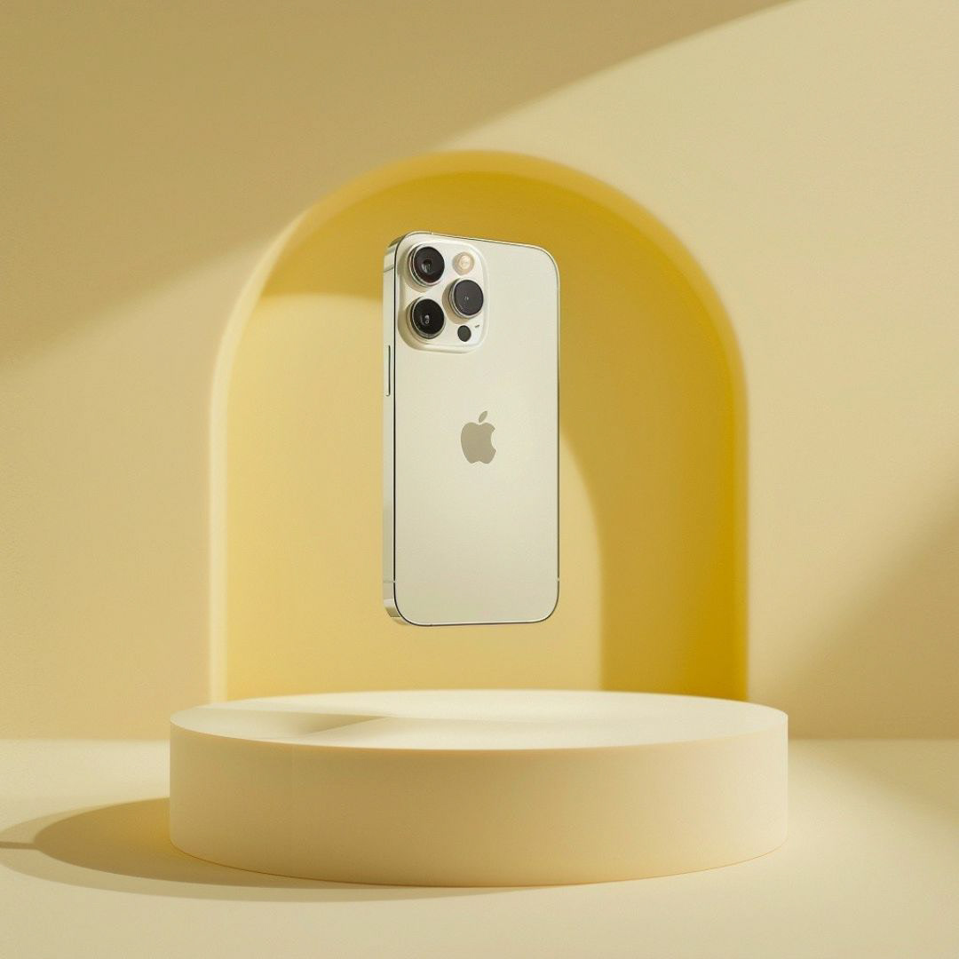 Create an eye level, low angle, hero shot minimalistic indoor product photography, showcasing a floating iPhone 15 on a minimal product display podium in a yellow cream background, backlighting, top lighting.