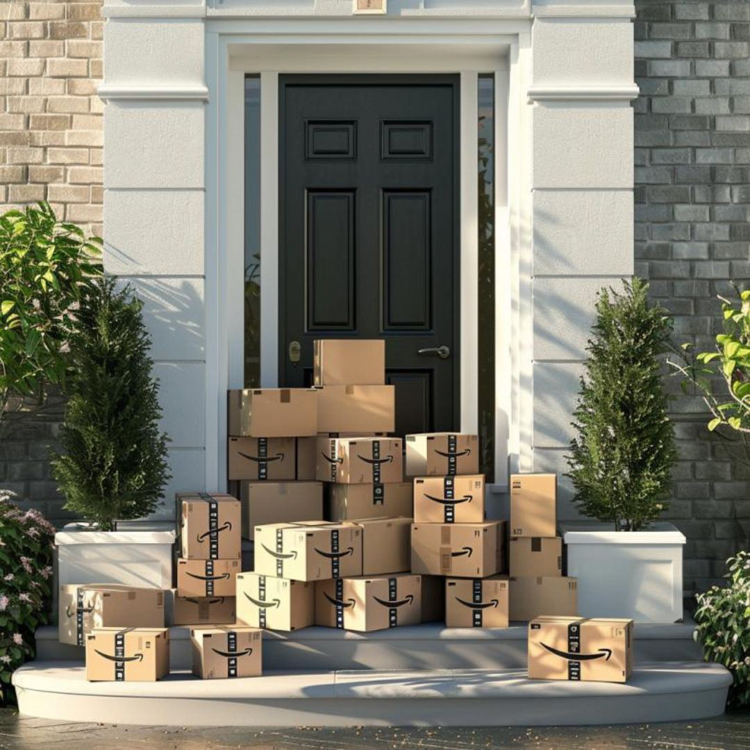 Create a realistic house door filled with amazon boxes in front of the house, sunny day, boxes well stacked.