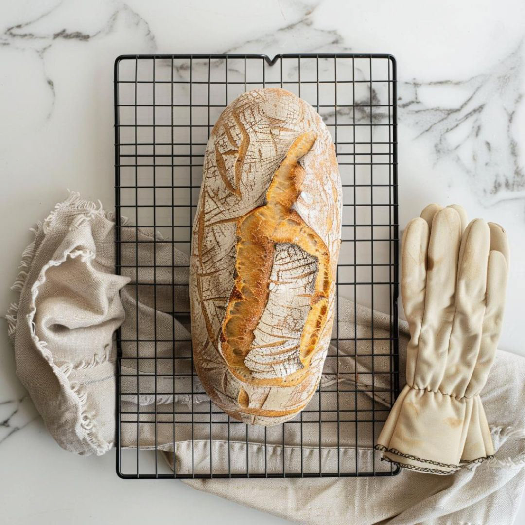 Create artisan bread on a cooling rack with oven gloves beside it, top view, horizontal.