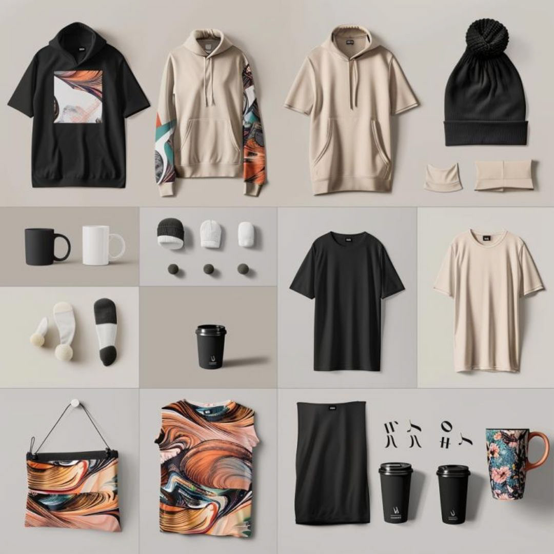 Create a collage of items included branded t shirts, hoodies, hats, beanies, tank tops, coffee mugs, socks and tote bags, photorealistic, modern, minimal, Japanese pattern.