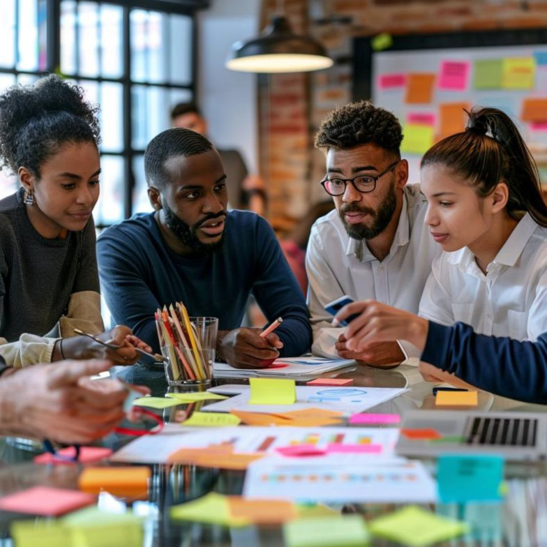 Create a realistic image of a diverse team of coworkers gathered around a table brainstorming ideas, using sticky notes and whiteboards.