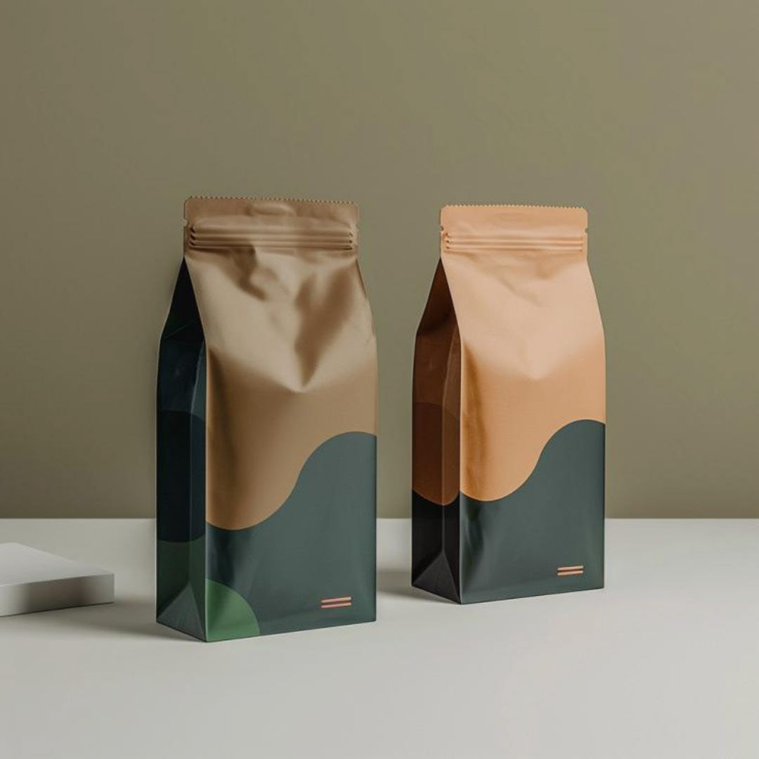 Create a coffee product, paper bags material, two bags, brown and dark green colors, minimalist stage designs, cream background color, brush, dutch marine scenes, rich colors, use of fabric and coffee.
