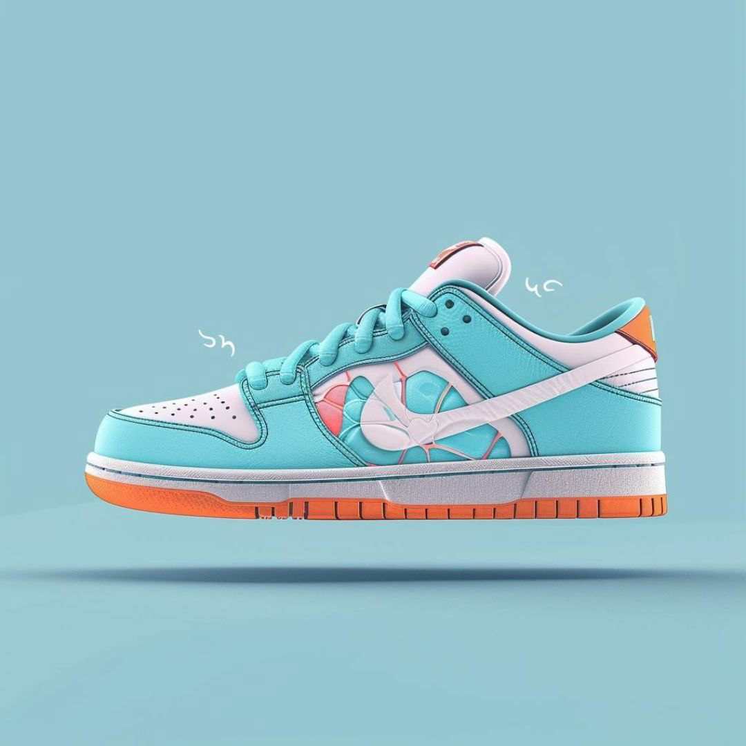 Create a top Nike sneakers for kids, colorful, make the shoe float, on blue studio background, little sketches around it.