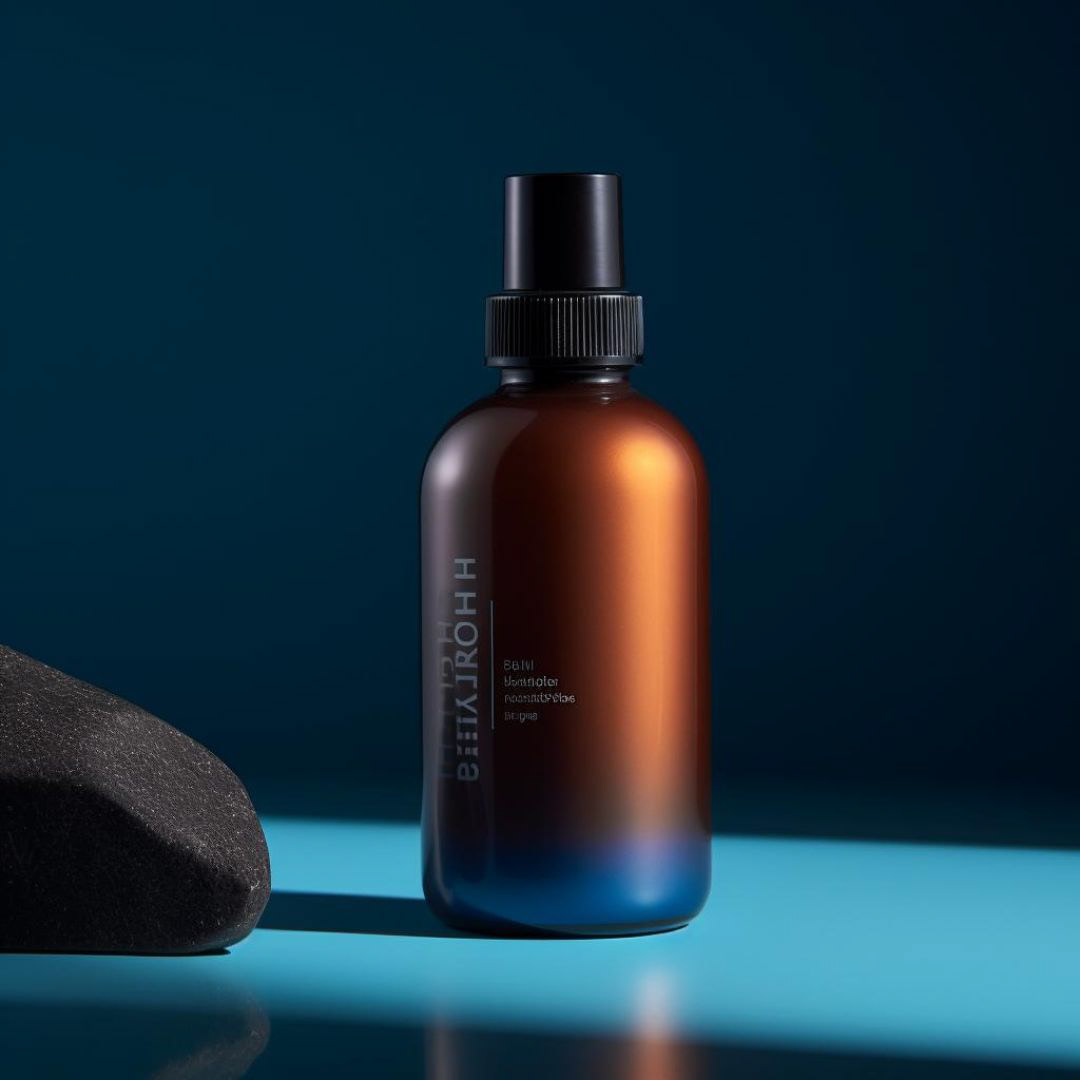Create an Eye-level product film photography of a natural hair product bottle, studio bright lighting and background, focus, depth of field, shot on 120mm, shot on Hasselblad.