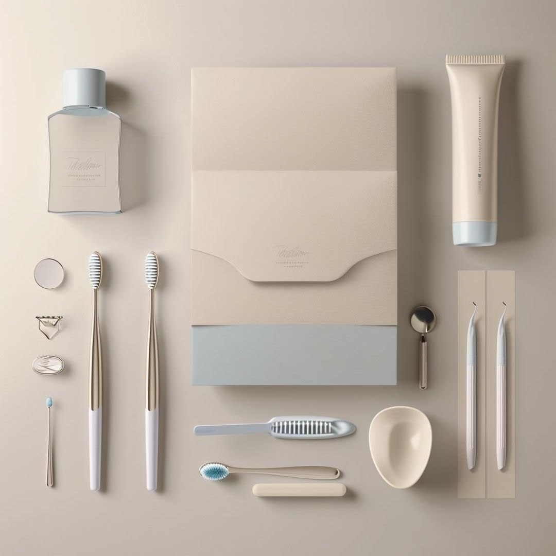 Create a mockup for logo, personalized stationery, dentistry office, paper, orthodontic appliance, elegant, minimalist, use light beige main color and light blue secondary, and white.