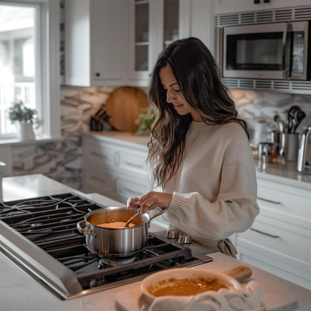 Create image of a woman making gourmet sauce on a kitchen stove. simple kitchen lighting, white kitchen.
