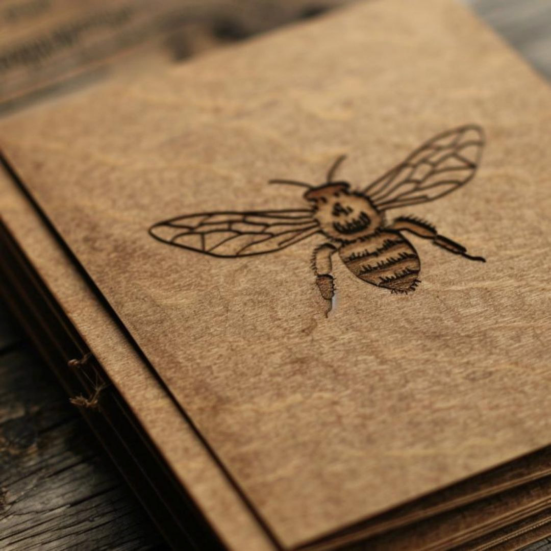 Create a simple, modern, organic packaging with simple intricate bee logo, on wooden brown book material.