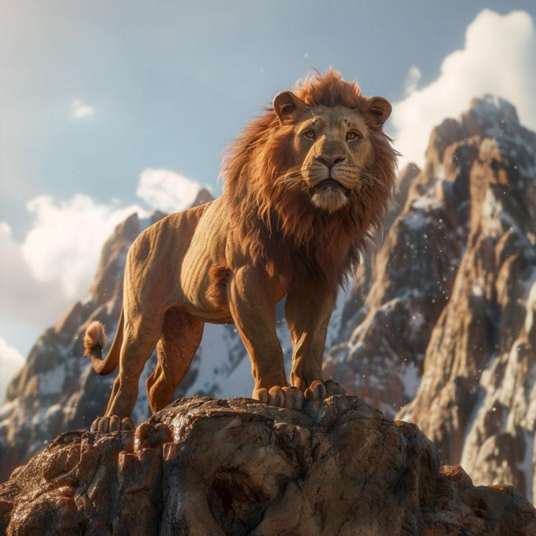 Create a huge mufasa lion, standing on a mountain, in the style of digital fantasy, cryengine, cinematic, detailed sketches, flat brushwork, 3d animation.