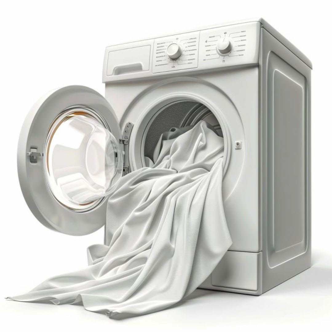 Create a realistic isolated image of linens coming out of the dryer; white background.