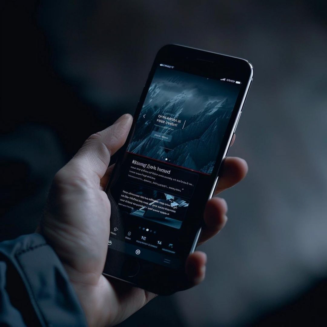 Create a hand holding a phone with a dark theme website on it.