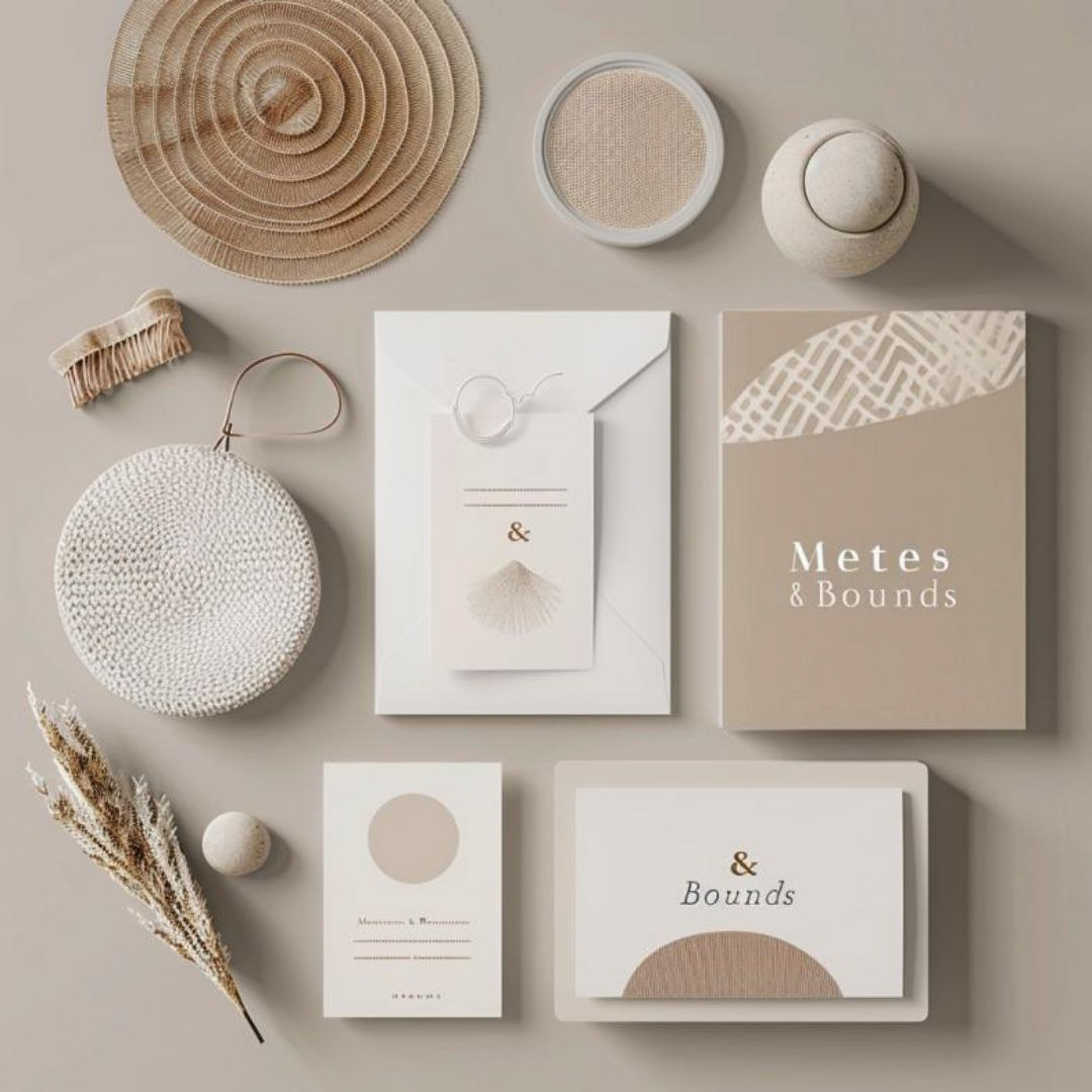 Create a full stationary brand design mockup package for a decor store named "Metes & Bounds", top view.