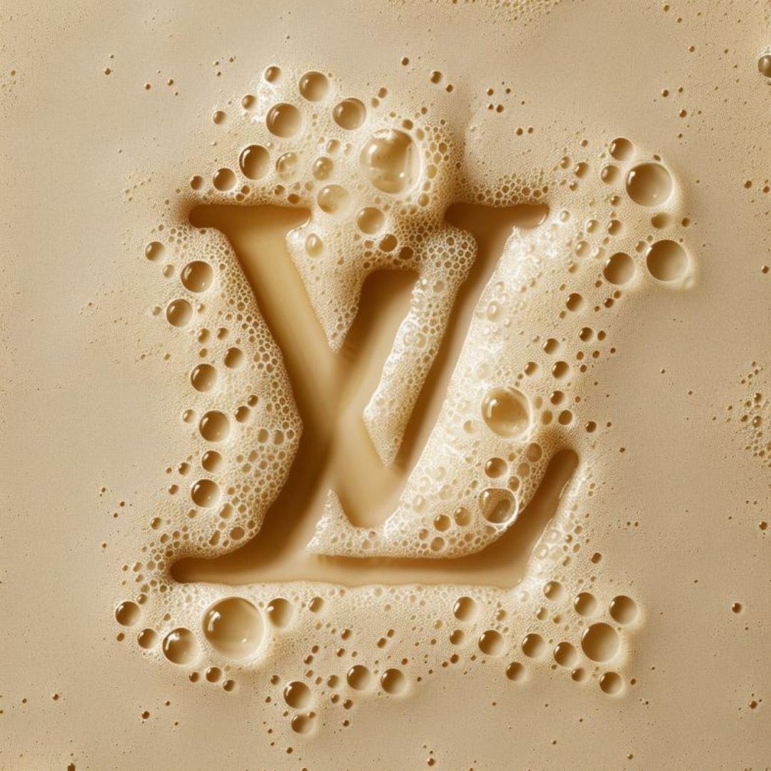 Create a LV’s logo, shape spot of shampoo foam, gold color, on a beige background. top view. studio photoshoot with high quality lighting. far distance. copyspace along the perimeter.