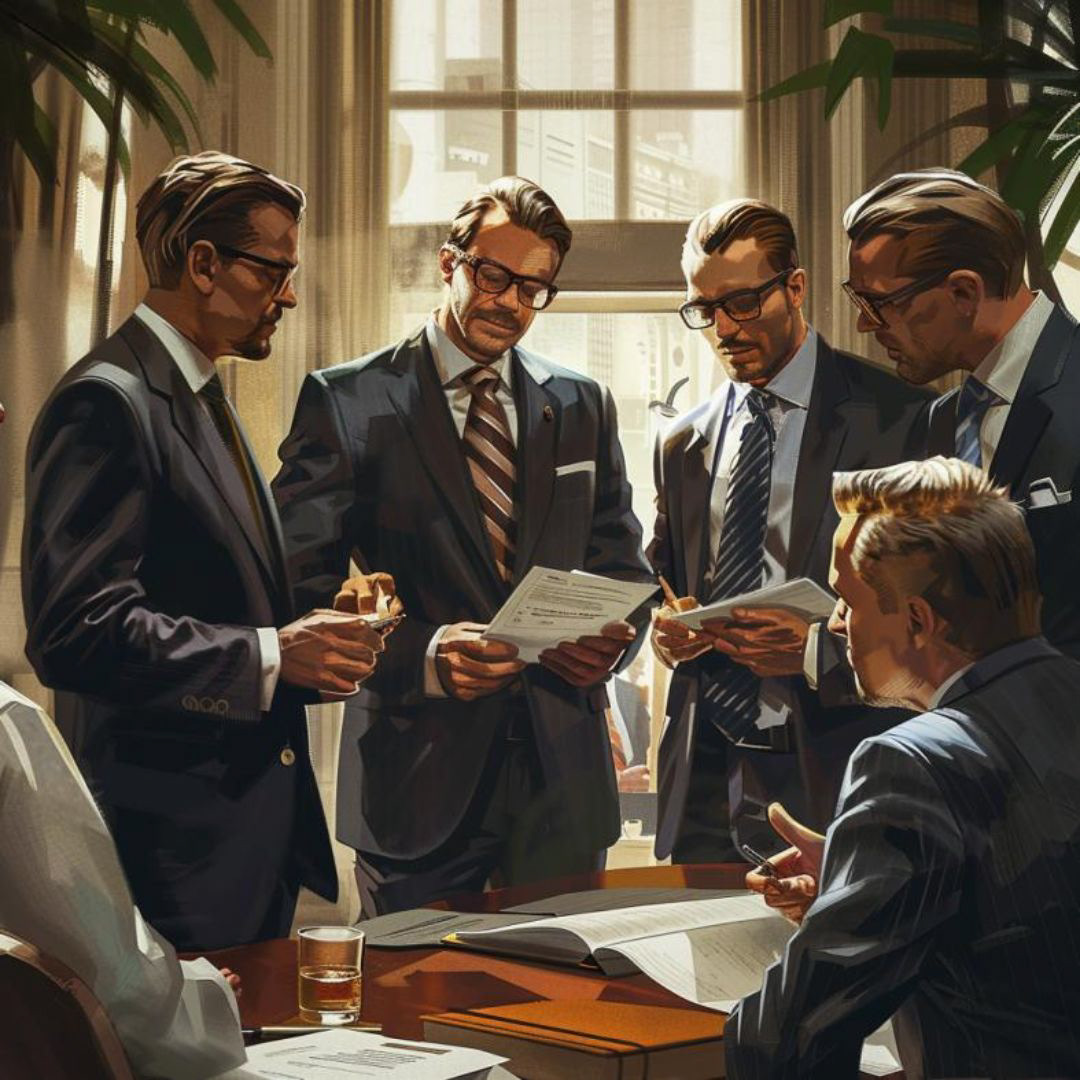 Create a realistic workplace scene featuring employees engaging in a lively discussion, all wearing suits.