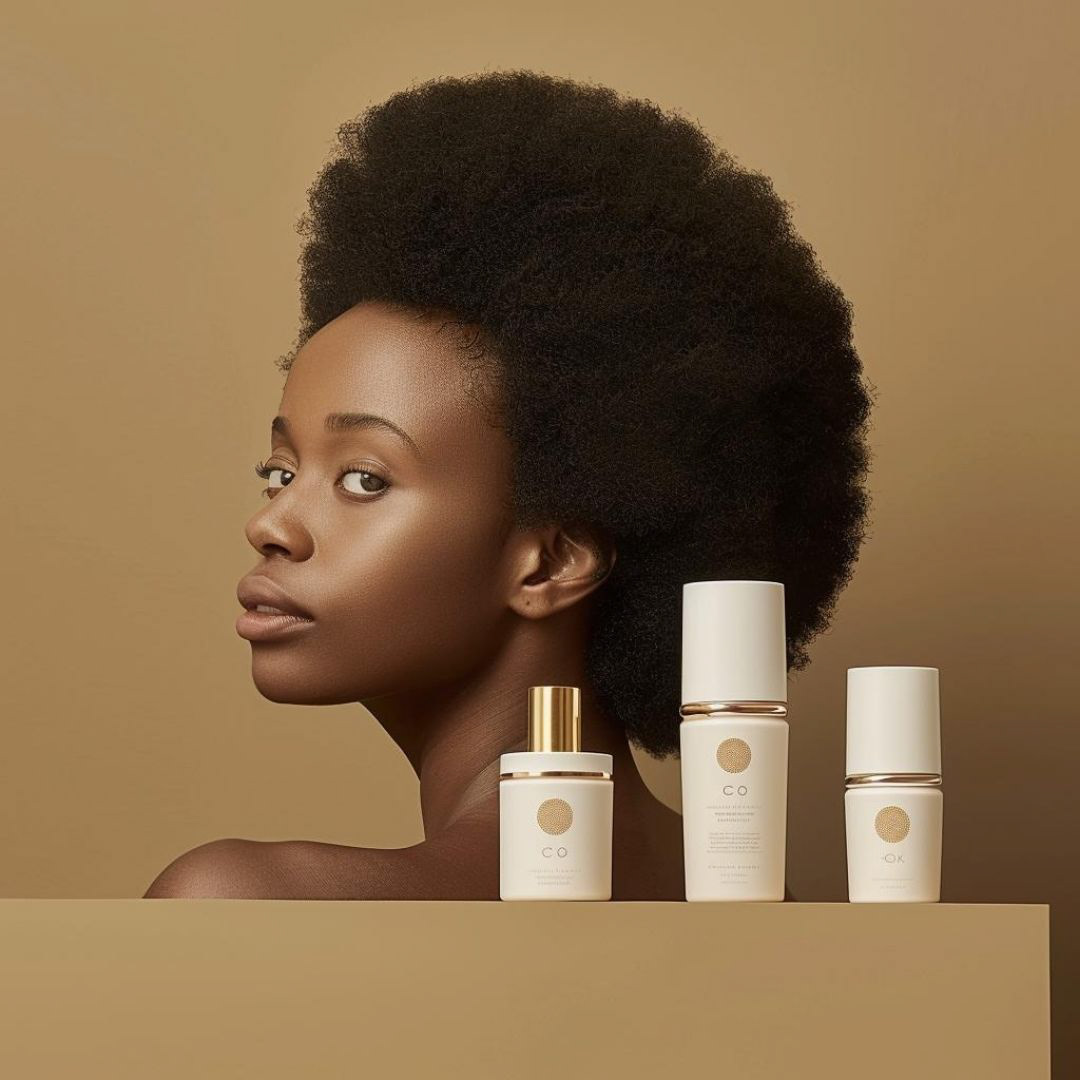 Create award winning, natural hair brand design, beauty, simple and clean, sophistcated, elegant mood, bottles set with an African American model behind.