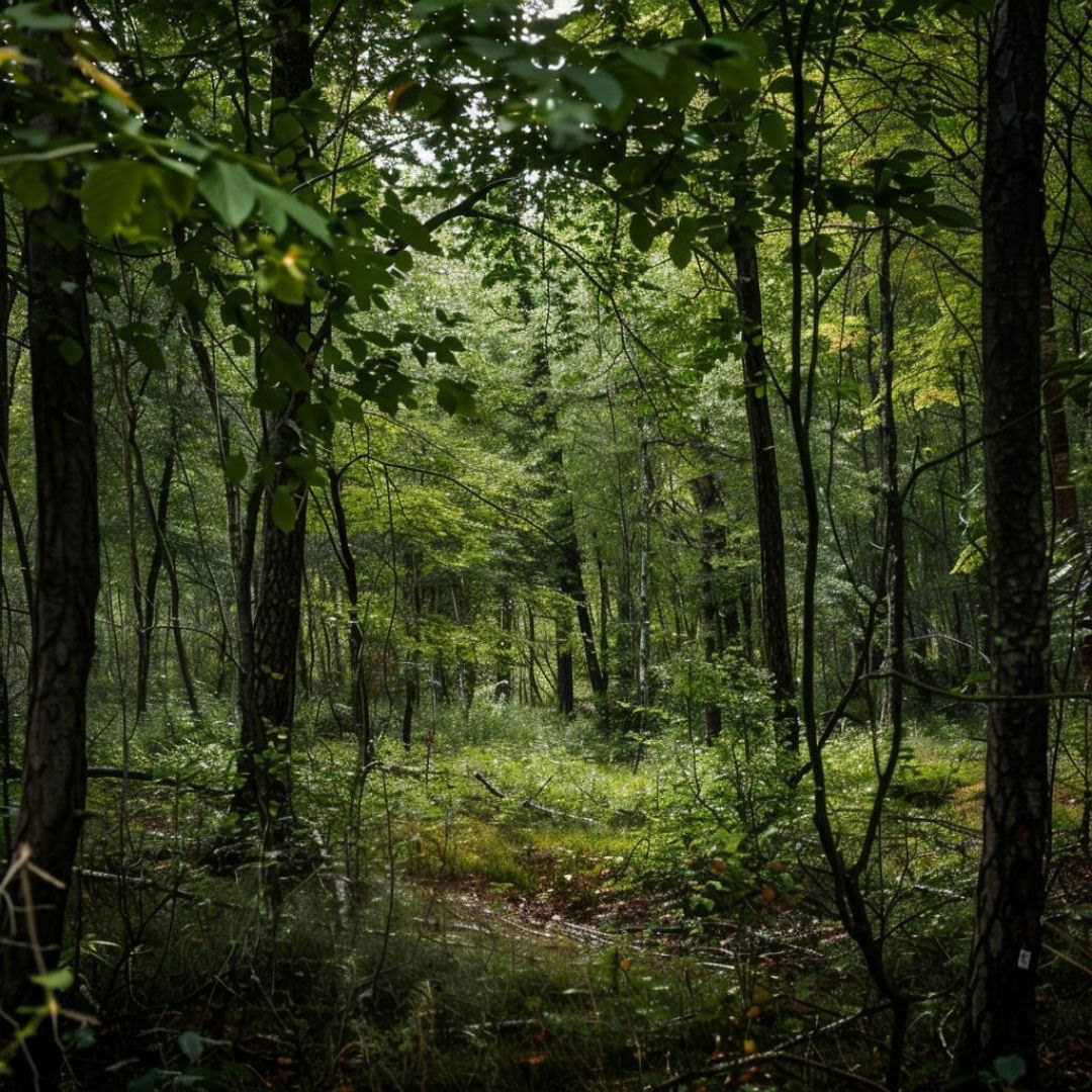 Create a dense forest with a small clearing in the middle. brazel trees and foliage.