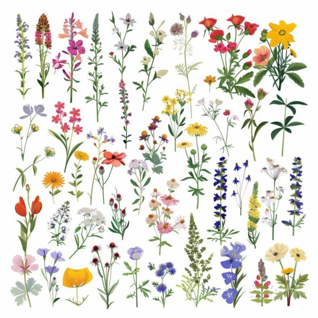 Create a page of vector wildflowers, isolated images filling the page. White background, no background, no shadow.
