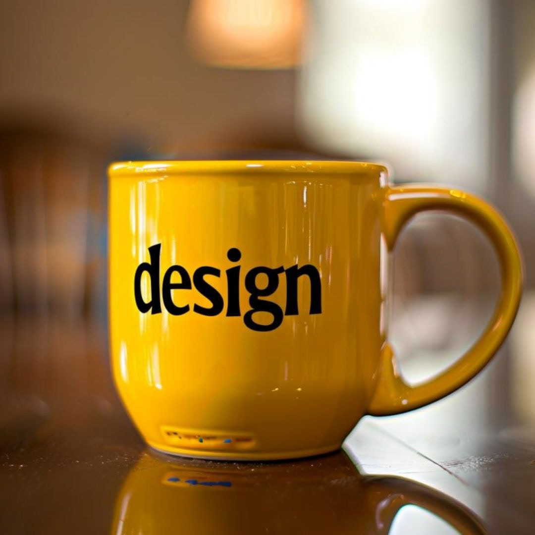 Create a coffee mug with text "design", yellow shiny mug, blurry background,.