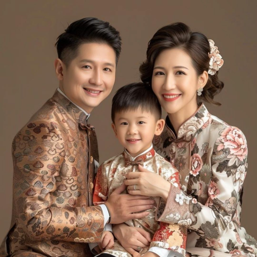 Create a family portrait, young parents with a 10-year-old child, Chinese, smiling, real people, fashionable and charismatic, clean background, high quality, exquisite.