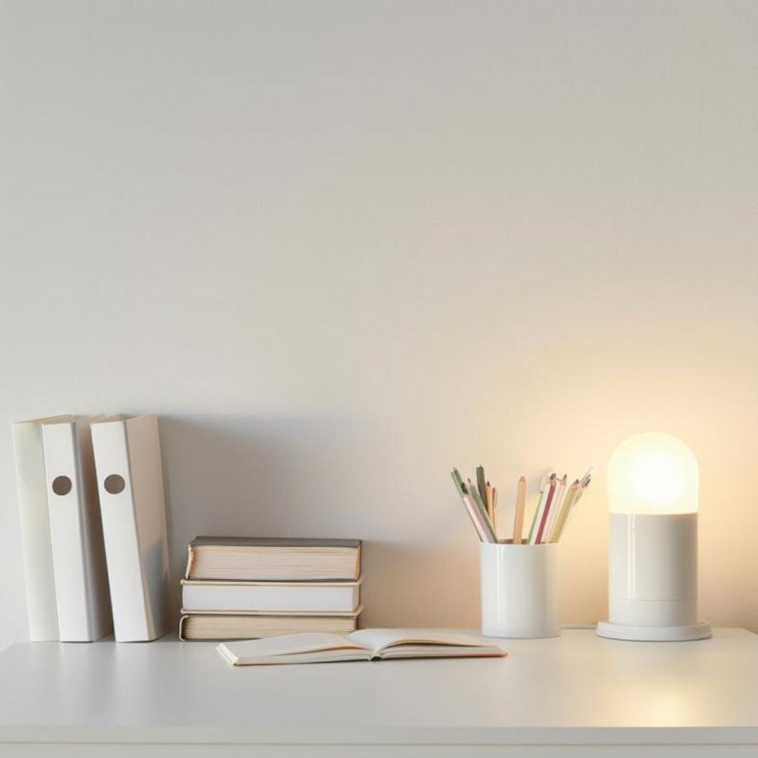 Create a white desk, the light-colored wall behind the desk, the books and pen holders on the left side of the desk, the bright lights, the light source from the top right, the overall tone is soft and warm, creating a learning atmosphere. High resolution, high quality, fine texture, photorealistic style. Photos taken in SONY Alpha camera style.