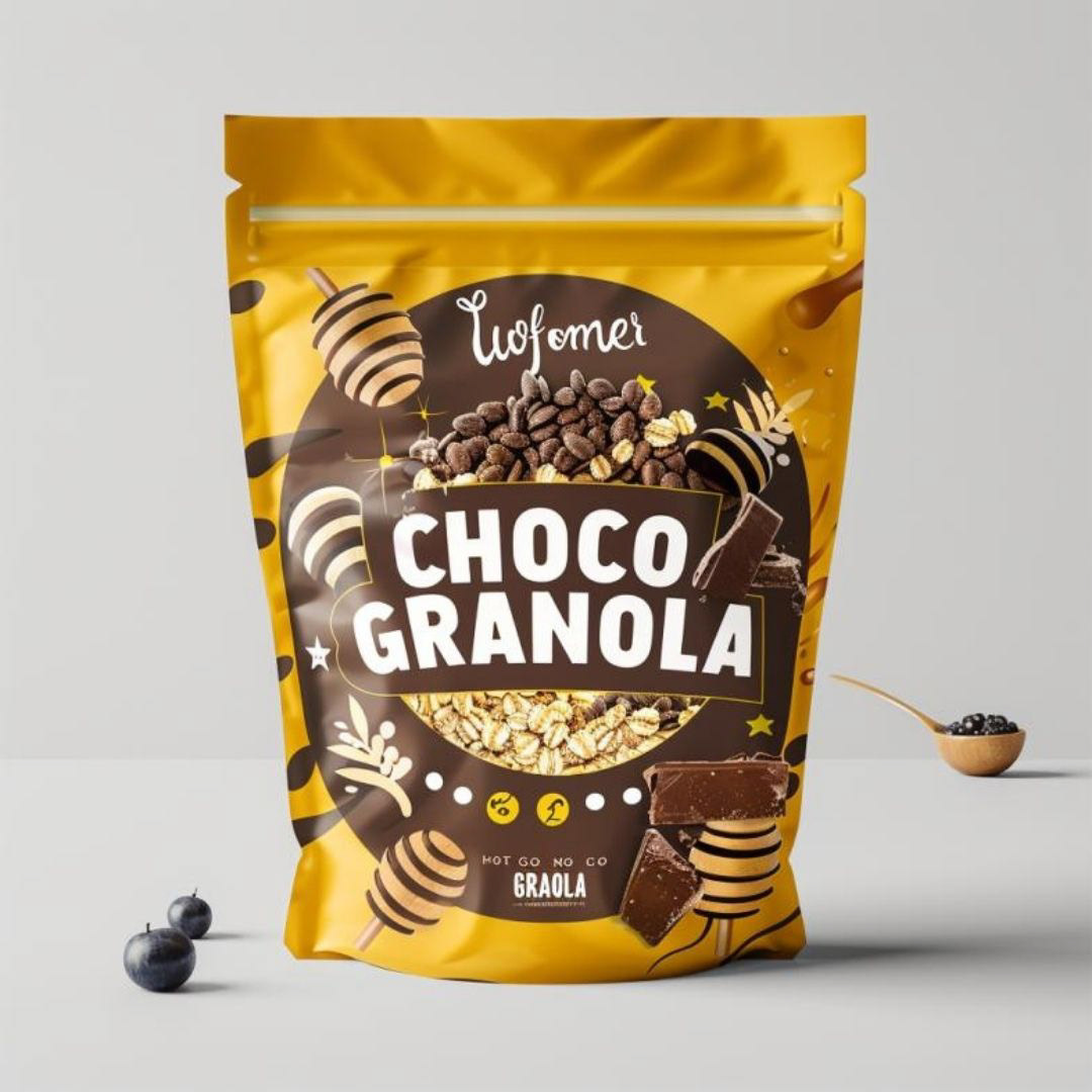 Create a realistic standup pouch product photo mockup decorated with honey, oats and chocolate with the word "CHOCO GRANOLA".
