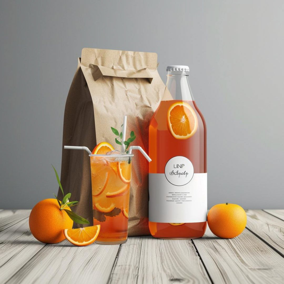 Create a realistic branding kit for a drink company, an orange drink and orange elements.