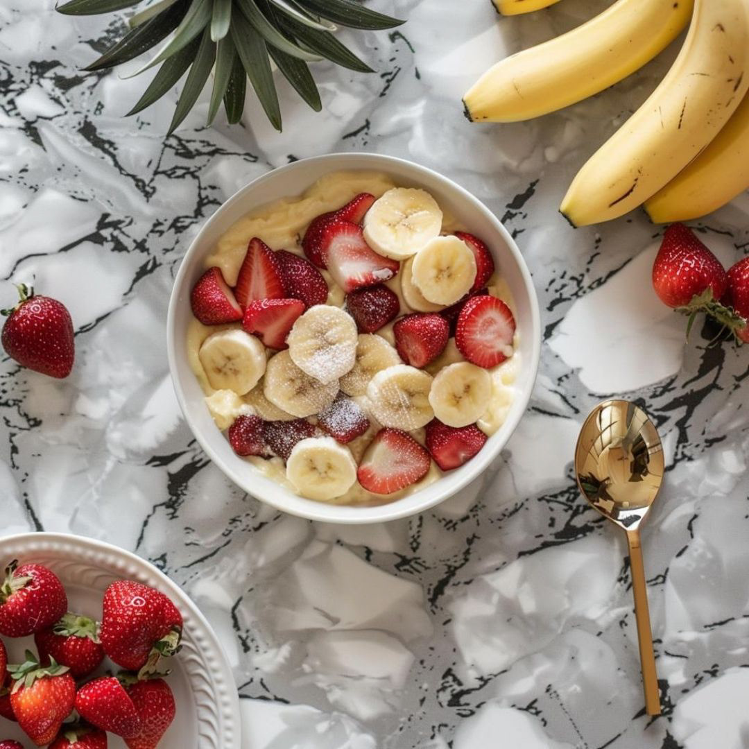 Create a healthy banana split with strawberries and pineapple pieces pudding aerial view, minimalistic set up, clean table, marble tabletop, photo realistic, in the style of unsplash photography.