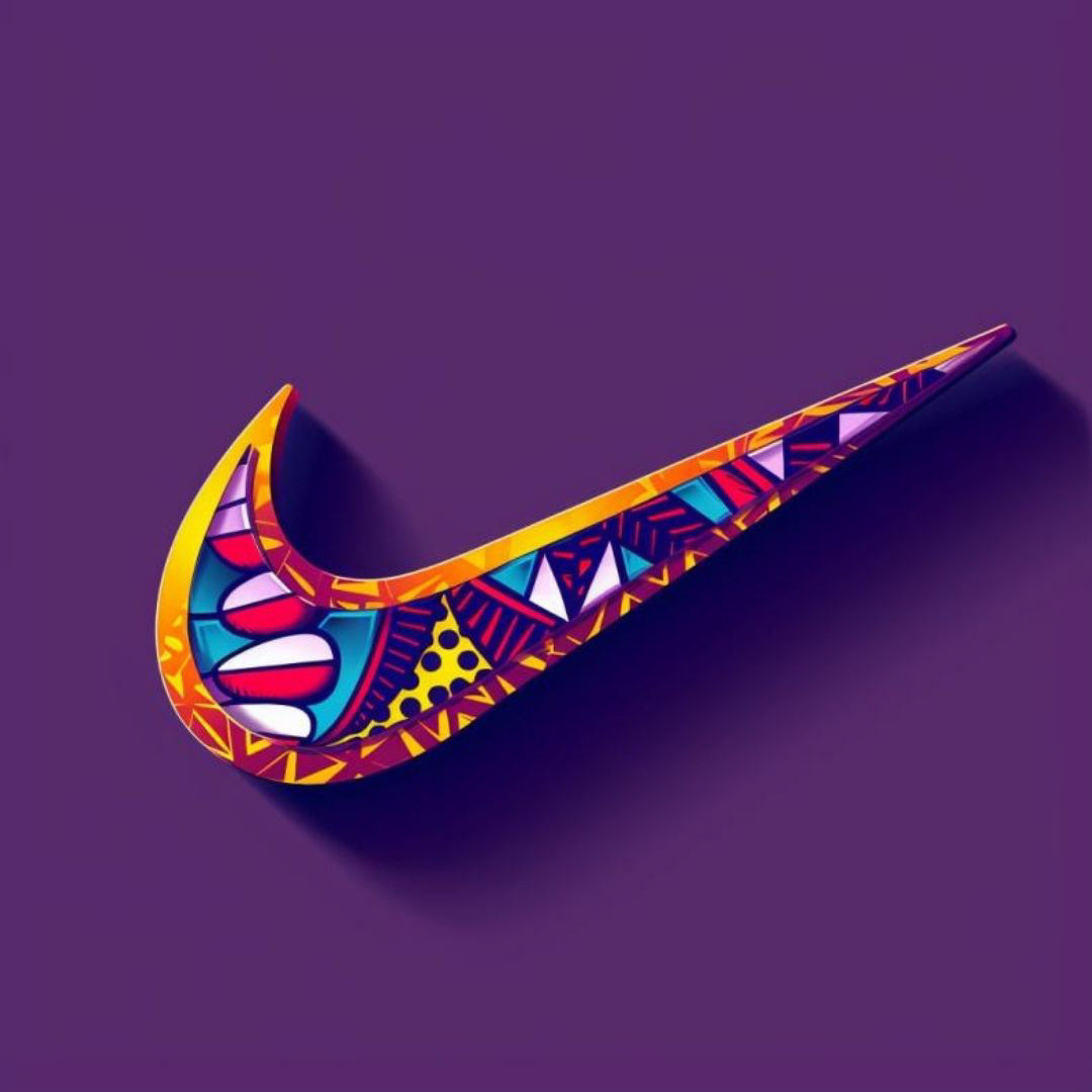 Create a nike logo, violet background, Ndebele art pattern on the logo.