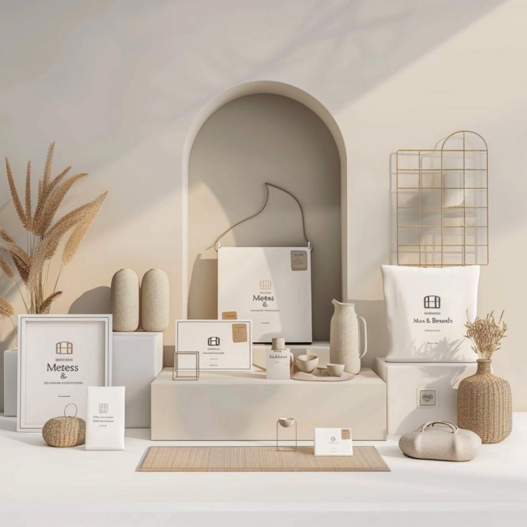  Create a full stationary brand design mockup package for a decor store named "Metes & Bounds".