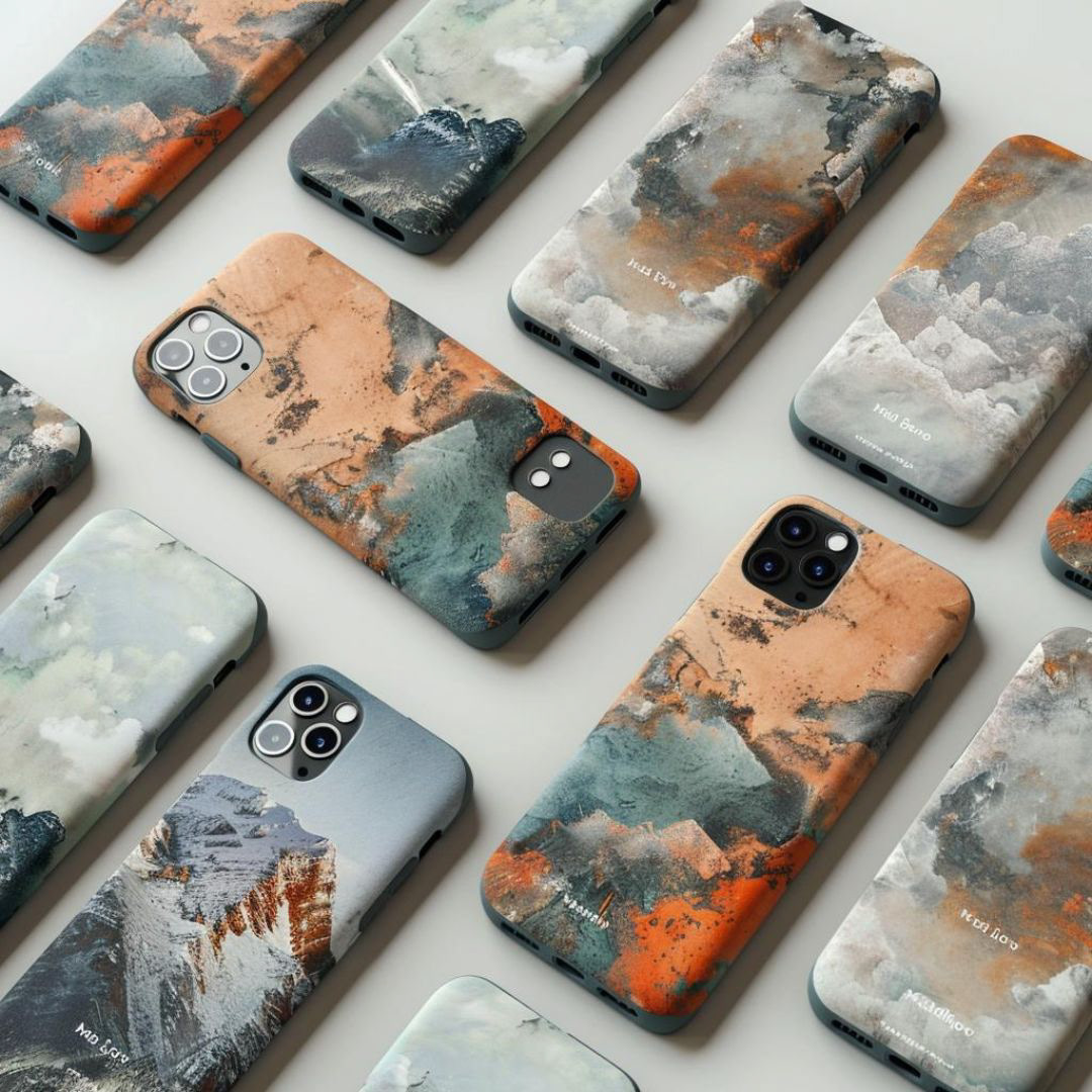 Create a realistic branding for a phone case company, marble case design, phones facedown, top view.