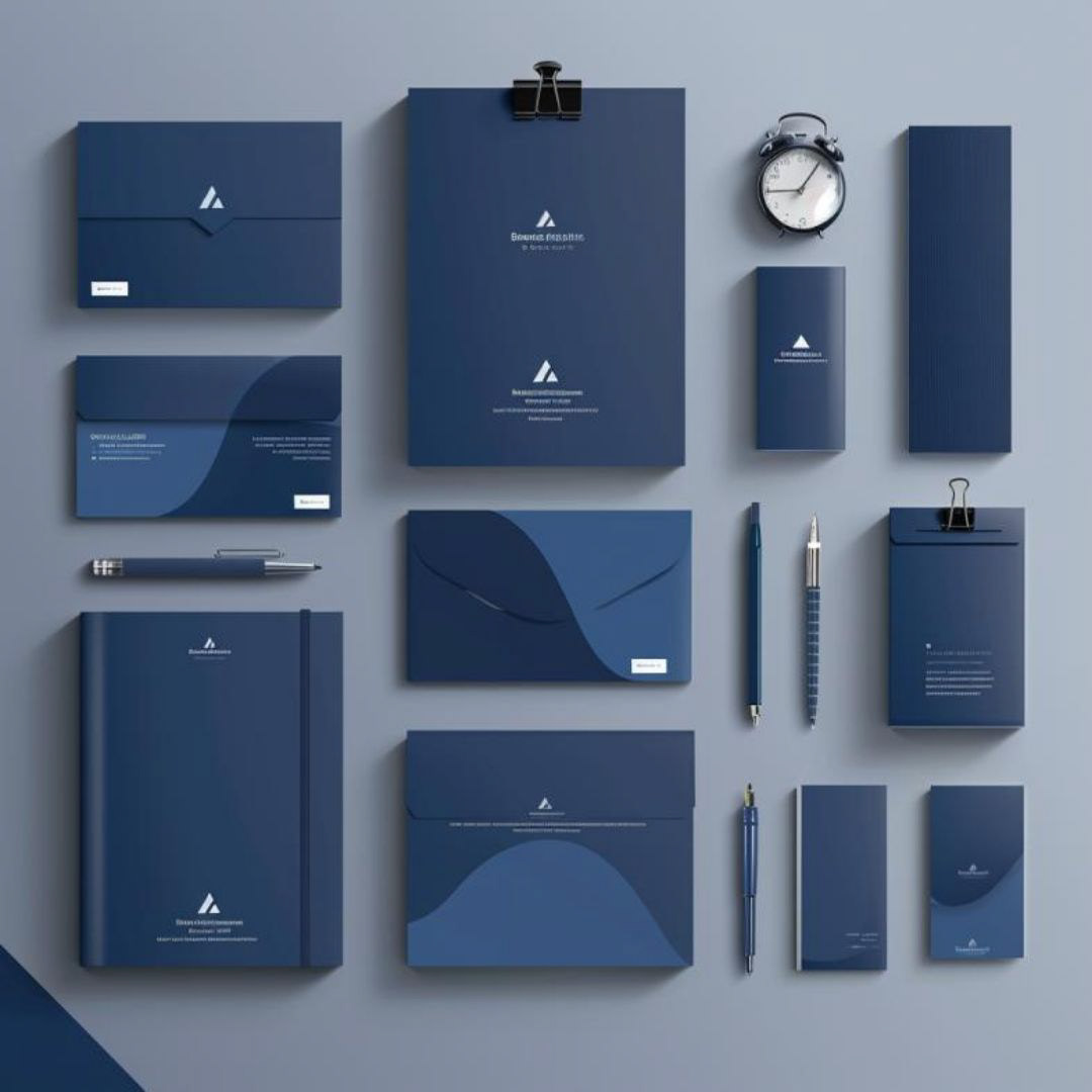 Create a business brand design guideline with cover page, with company logo, letterhead, business card, package, with blue, dark blue, white, sleek and geometric, 8k.