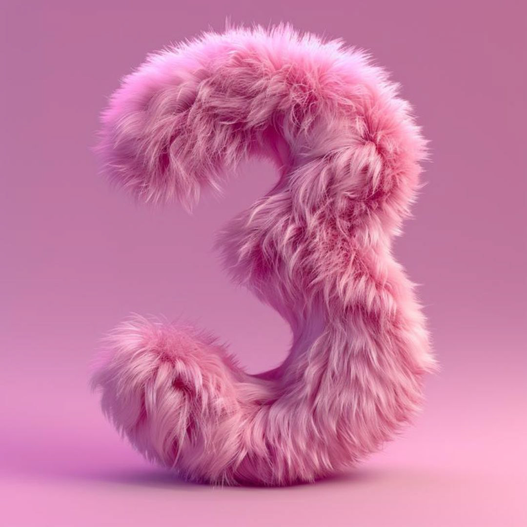 Create a Number 3 as a Fluffy pink hairy skin, make it float levitate off the floor, on a pink gradient background.