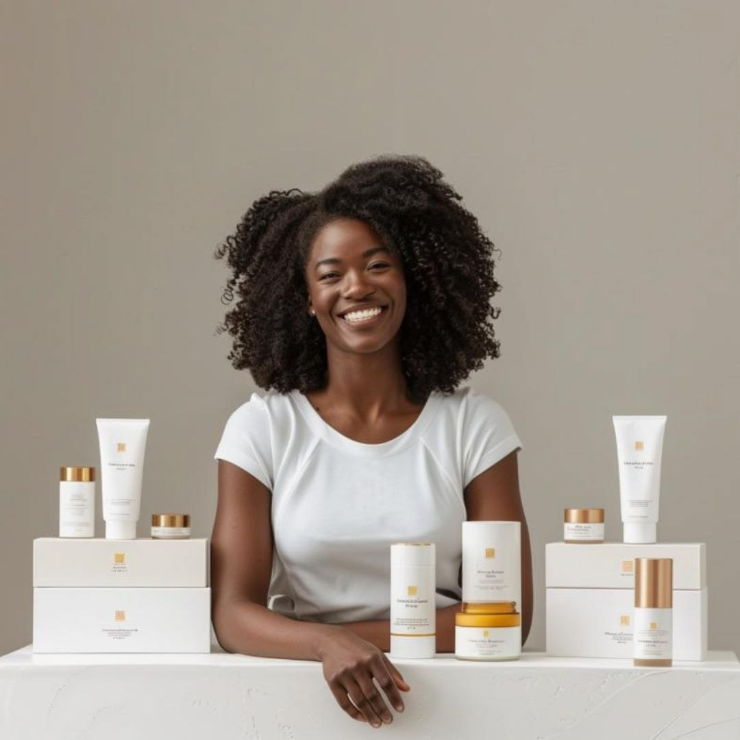 Create an award winning, natural hair brand product design, beauty, simple and clean, sophisticated, elegant mood, show owner of the company, a black lady with afro hair, smiling.