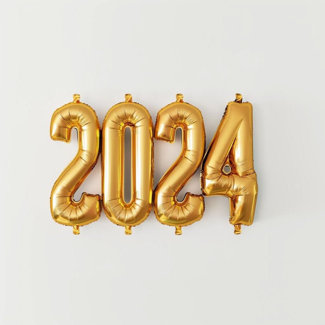 Create a four fat golden Inflatable Balloons, forms the number "2024", in the middle of a white background.