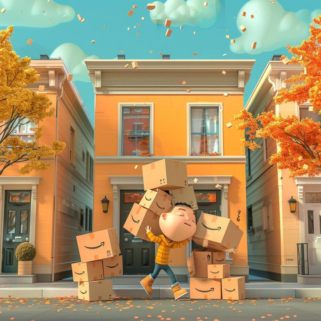 Create a 3d cartoon character of a man carrying loads of amazon boxes, some falling off, in front of house, happy, sunny day.