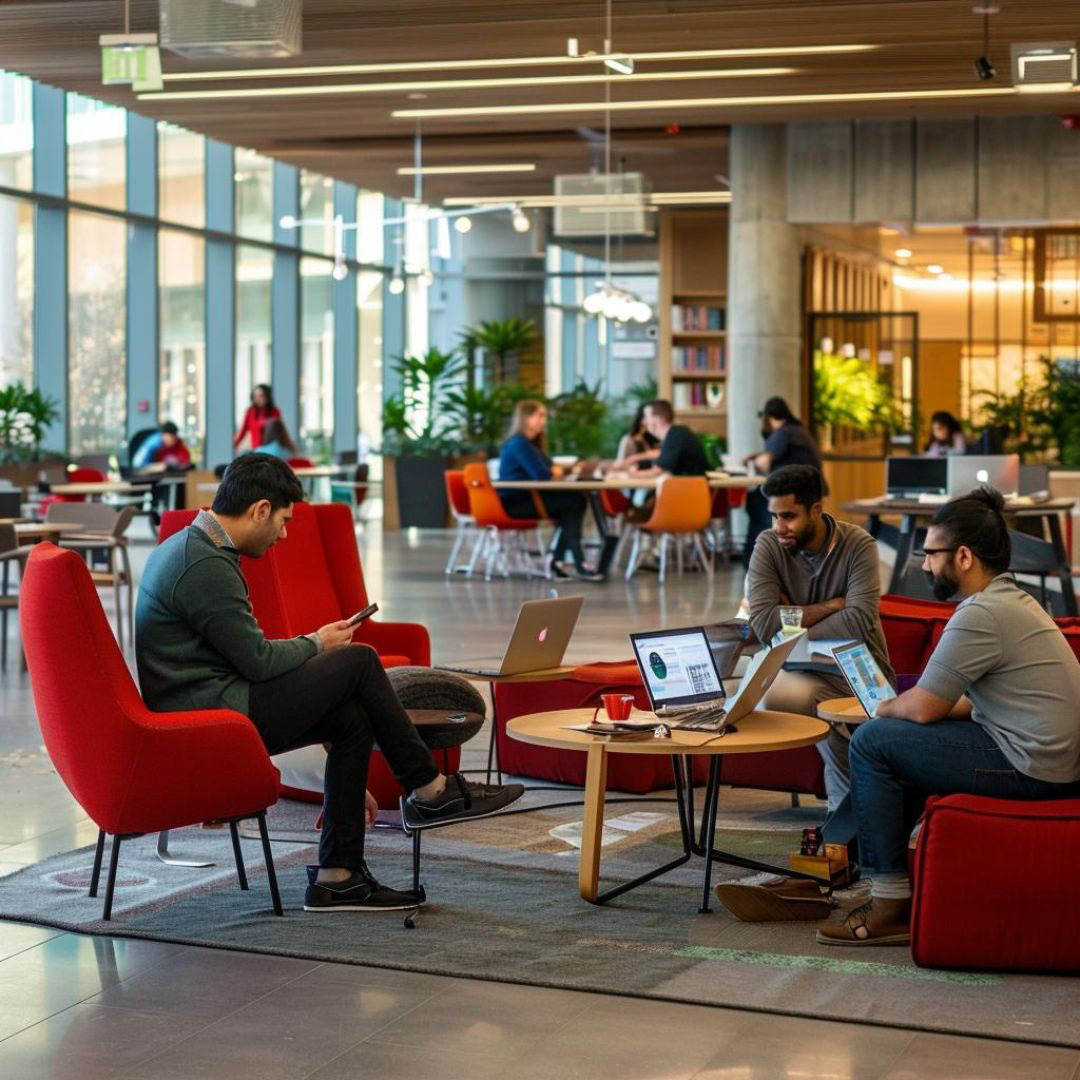 Create a workplace environment, co-working space, engaging in a lively discussion, warm tone.