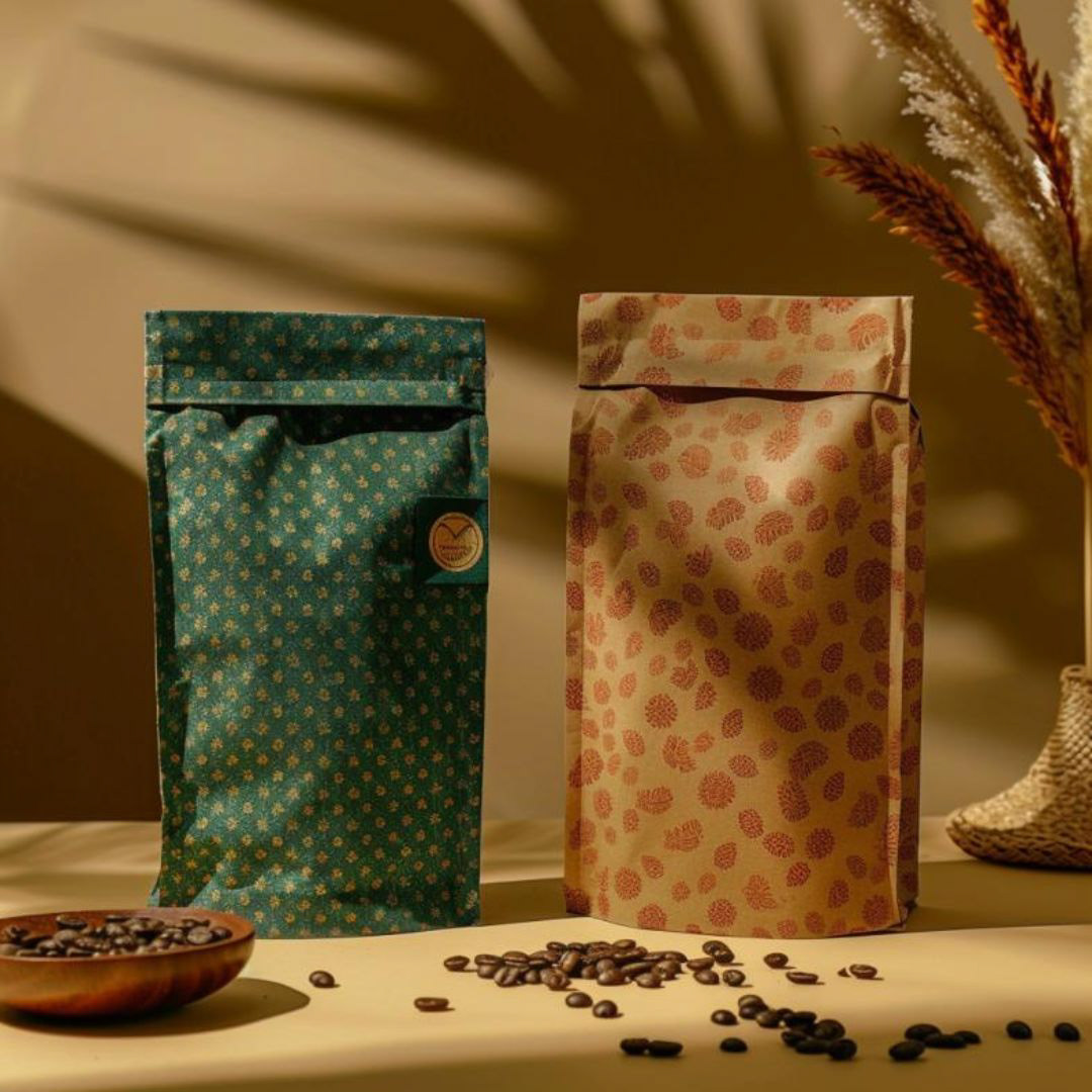 Create a coffee product, paper bags material, two bags, brown and dark green colors, photography, cream background color, brush, Dutch marine scenes, rich colors, use of fabric and coffee.