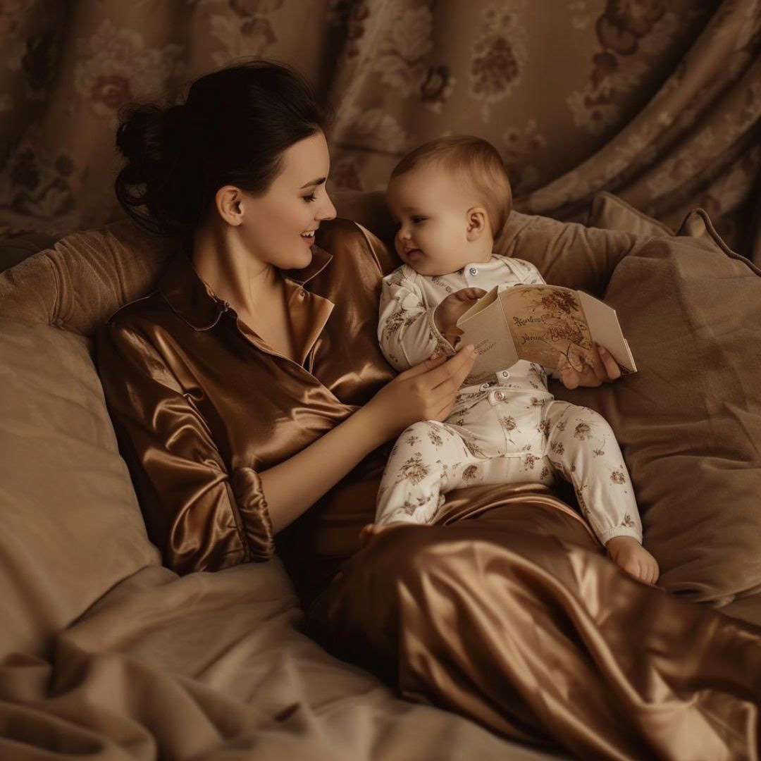 Create a mother in brown silk pajamas lies on a brown bed telling a story to a baby in white pajamas, with a brown toned wall background.