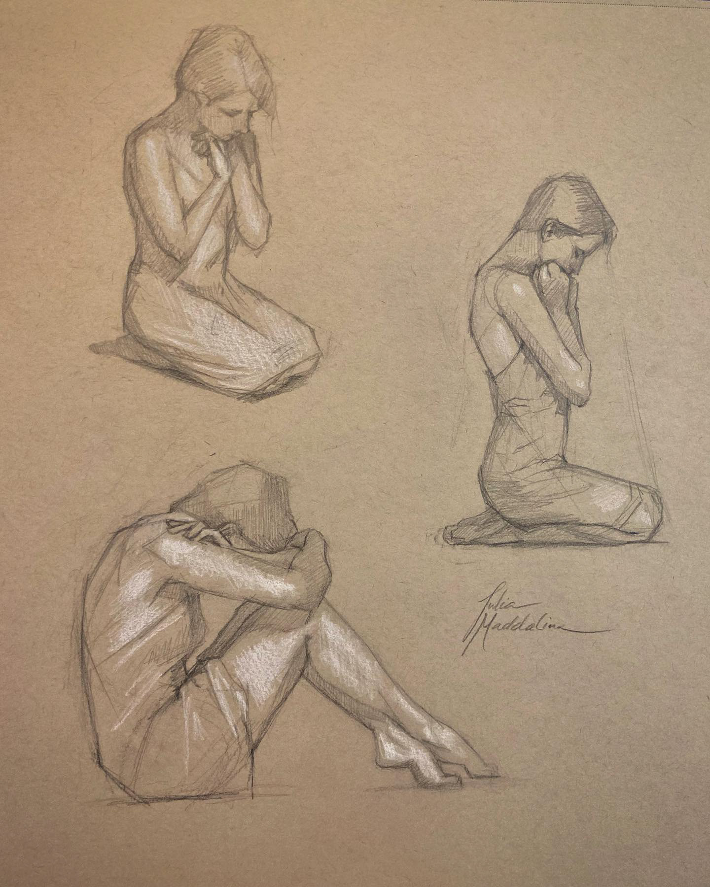 Graphite Pastel and white charcoal figure study on toned paper