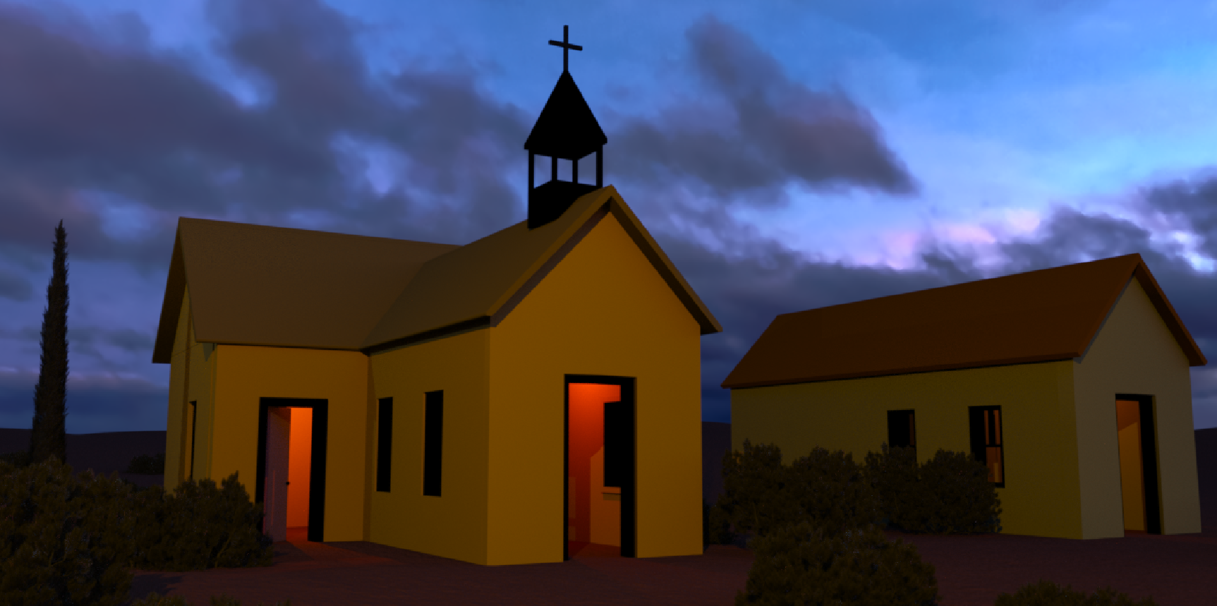 Warm Church - Digital Image by Victoria Taylor-Gore, 2024. Built in Blender and Daz3d. No AI was used.